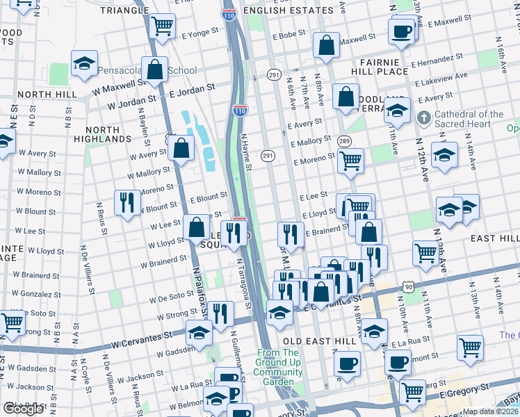 map of restaurants, bars, coffee shops, grocery stores, and more near 305 East Lee Street in Pensacola