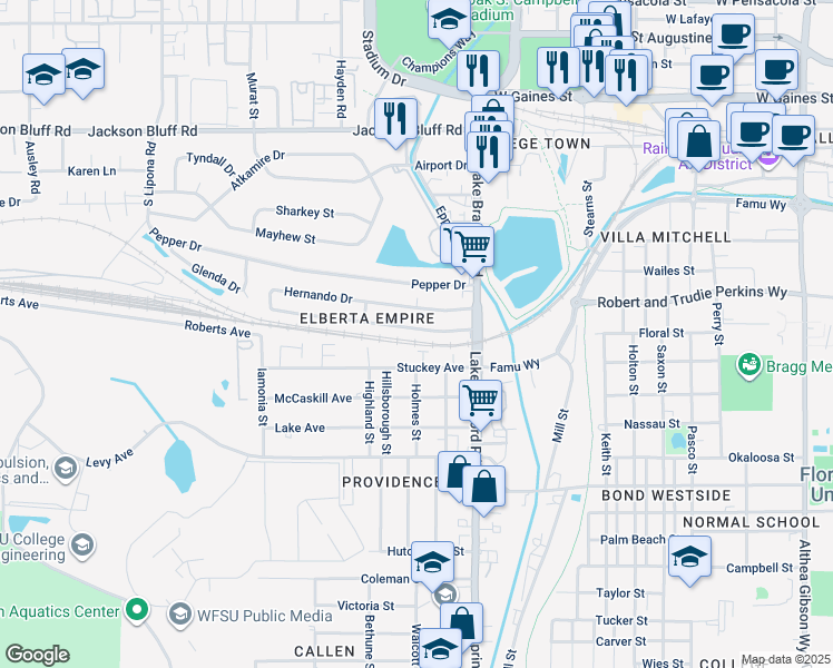 map of restaurants, bars, coffee shops, grocery stores, and more near 1307 Elberta Drive in Tallahassee