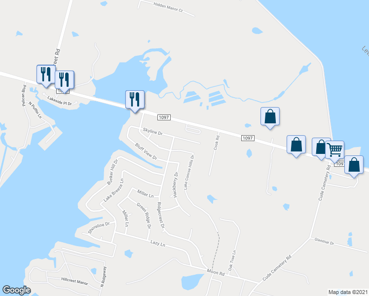 map of restaurants, bars, coffee shops, grocery stores, and more near 12750 Lake Conroe Hills Drive in Willis
