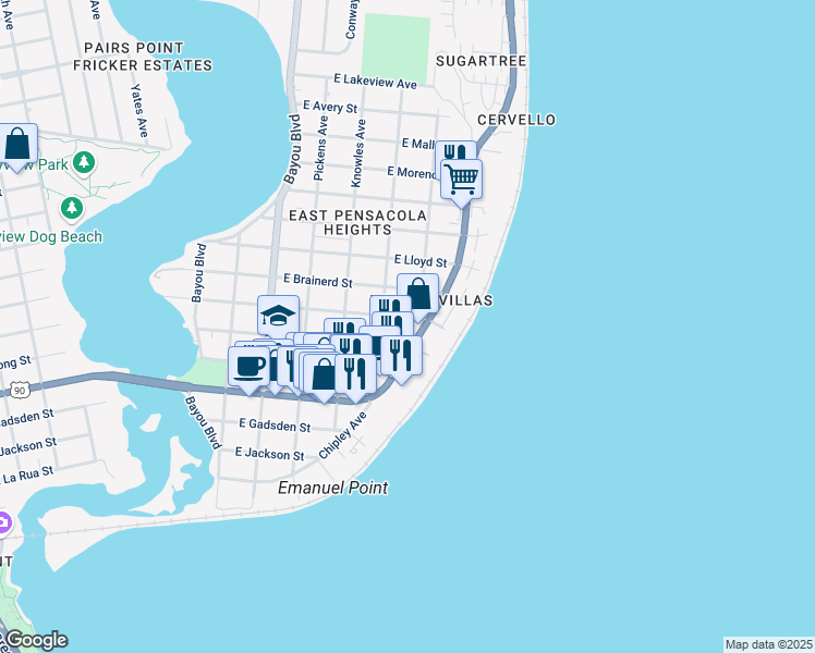 map of restaurants, bars, coffee shops, grocery stores, and more near 3227 East Gonzalez Street in Pensacola