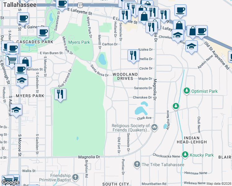 map of restaurants, bars, coffee shops, grocery stores, and more near 1521 Old Fort Drive in Tallahassee
