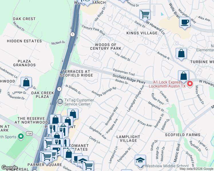 map of restaurants, bars, coffee shops, grocery stores, and more near 13117 Troops Trail in Austin