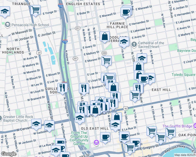 map of restaurants, bars, coffee shops, grocery stores, and more near 700 East Lloyd Street in Pensacola