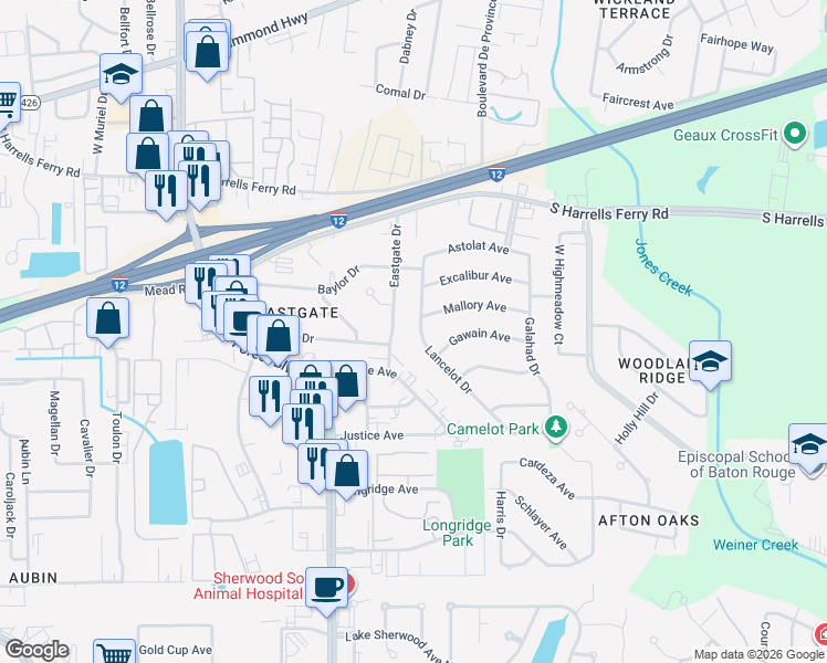 map of restaurants, bars, coffee shops, grocery stores, and more near 2522 Lancelot Drive in Baton Rouge