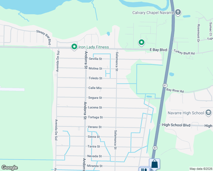 map of restaurants, bars, coffee shops, grocery stores, and more near 8290 Calle Mio in Navarre