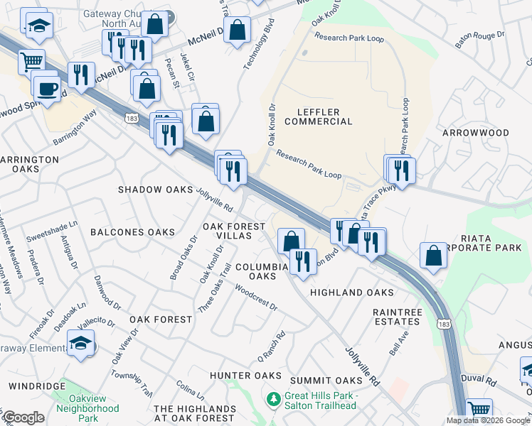 map of restaurants, bars, coffee shops, grocery stores, and more near 12424 Research Boulevard in Austin