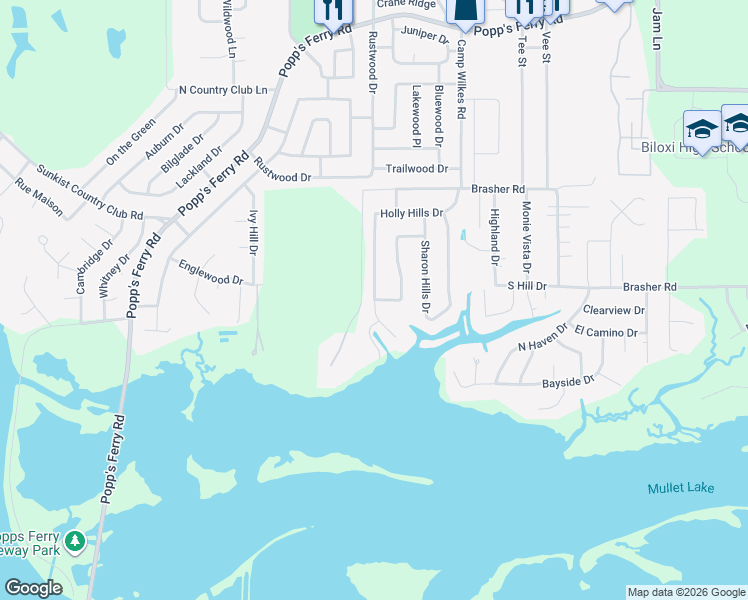 map of restaurants, bars, coffee shops, grocery stores, and more near 718 Holly Hills Drive in Biloxi