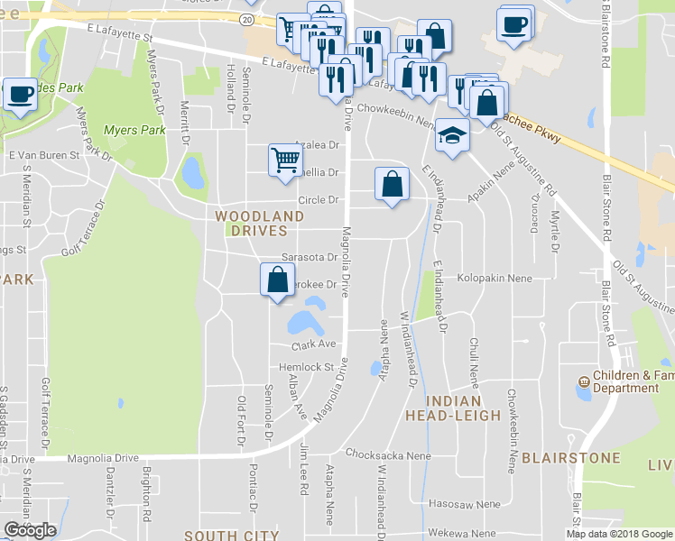 map of restaurants, bars, coffee shops, grocery stores, and more near 1514 South Magnolia Drive in Tallahassee