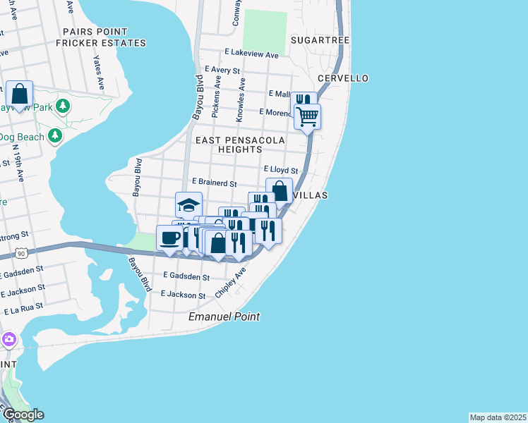 map of restaurants, bars, coffee shops, grocery stores, and more near 3203 East Gonzalez Street in Pensacola