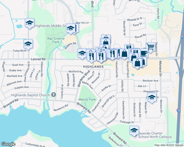 map of restaurants, bars, coffee shops, grocery stores, and more near 10620 Ithaca Drive in Jacksonville