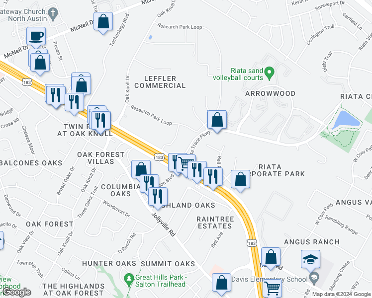 map of restaurants, bars, coffee shops, grocery stores, and more near 12200 Riata Trace Parkway in Austin