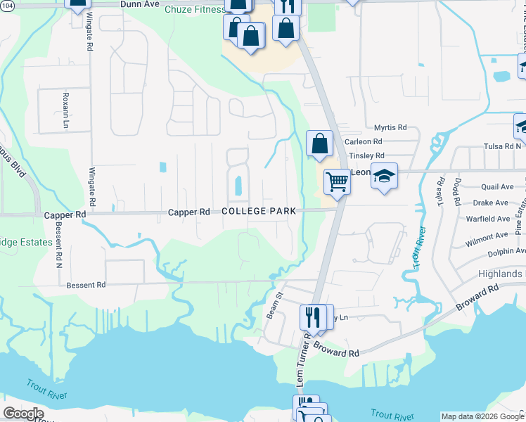 map of restaurants, bars, coffee shops, grocery stores, and more near Capper Road & Academy Park Drive in Jacksonville