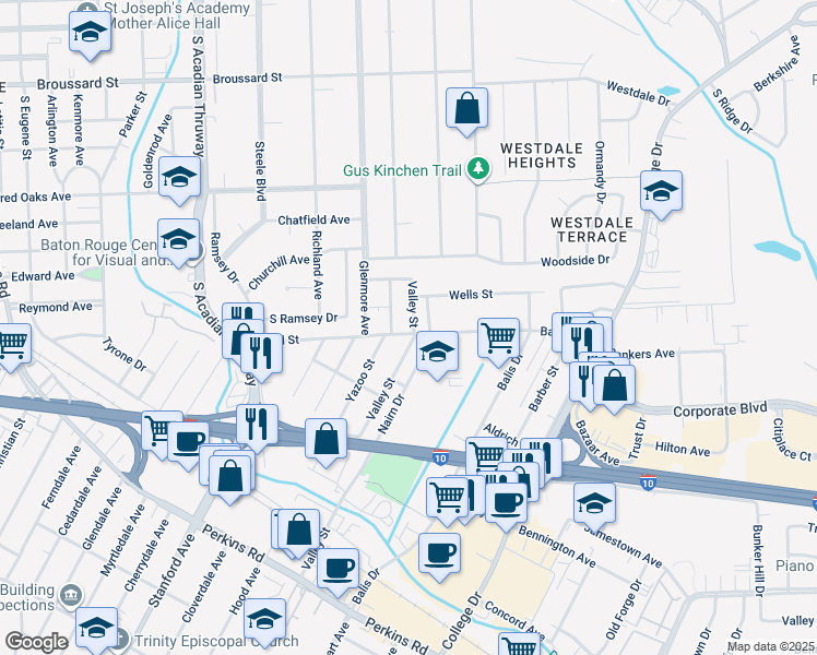 map of restaurants, bars, coffee shops, grocery stores, and more near 2296 Valley Street in Baton Rouge