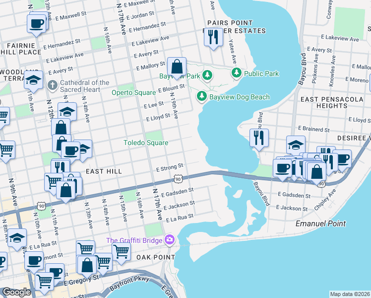 map of restaurants, bars, coffee shops, grocery stores, and more near 922 North 19th Avenue in Pensacola