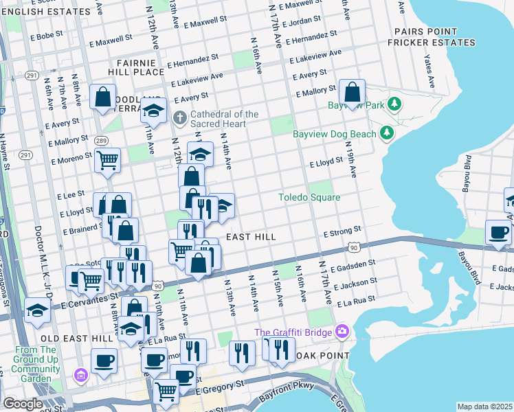 map of restaurants, bars, coffee shops, grocery stores, and more near 1406 East Gonzalez Street in Pensacola