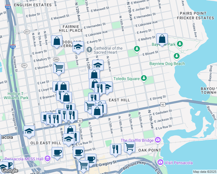 map of restaurants, bars, coffee shops, grocery stores, and more near 1322 East Gonzalez Street in Pensacola