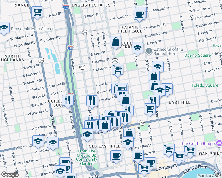 map of restaurants, bars, coffee shops, grocery stores, and more near 700 East Lloyd Street in Pensacola
