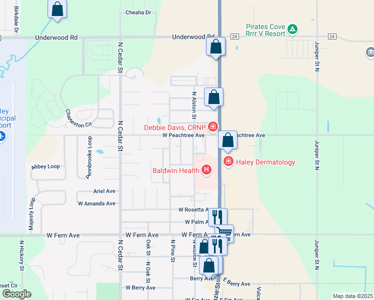map of restaurants, bars, coffee shops, grocery stores, and more near 1770 N Alston St in Foley