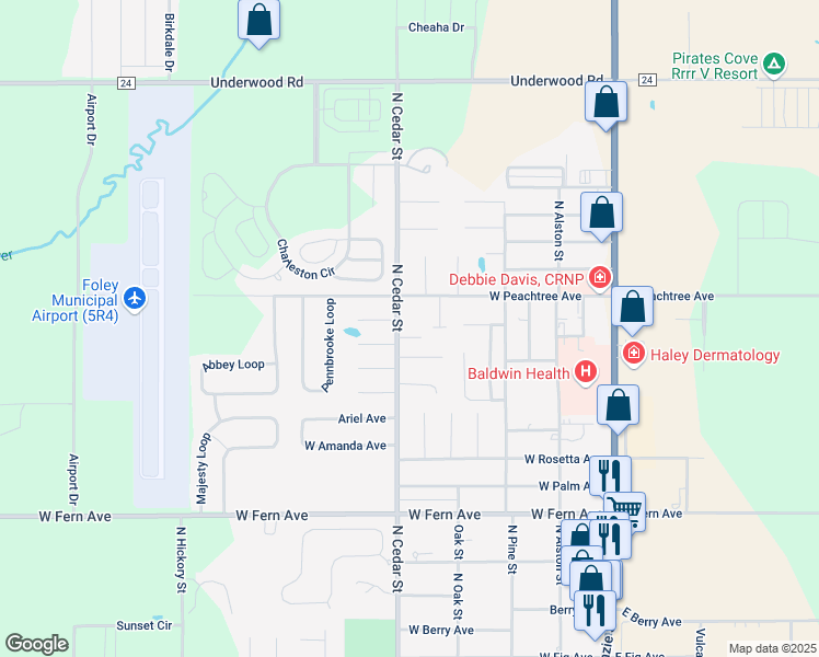 map of restaurants, bars, coffee shops, grocery stores, and more near 400-430 Dogwood Circle in Foley