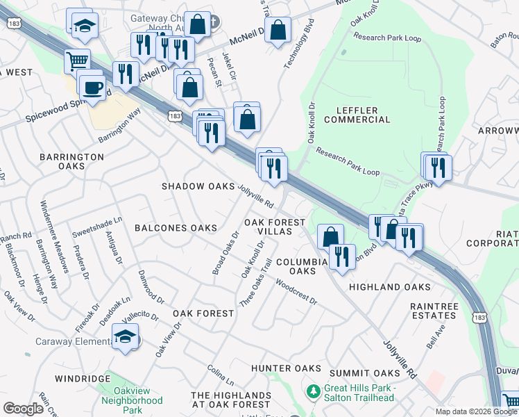 map of restaurants, bars, coffee shops, grocery stores, and more near 6604 Scrub Oak Lane in Austin