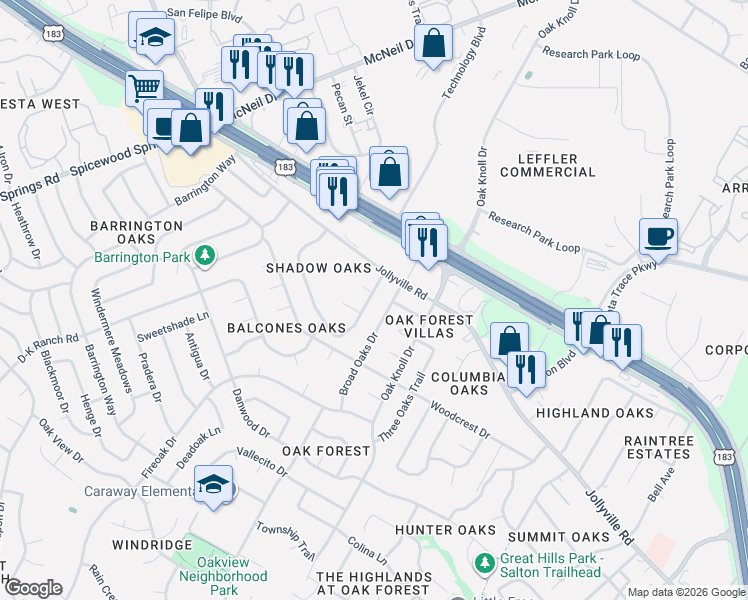 map of restaurants, bars, coffee shops, grocery stores, and more near 11900 Broad Oaks Drive in Austin