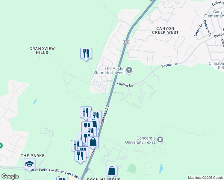 map of restaurants, bars, coffee shops, grocery stores, and more near 8712 Ranch Road 620 North in Austin