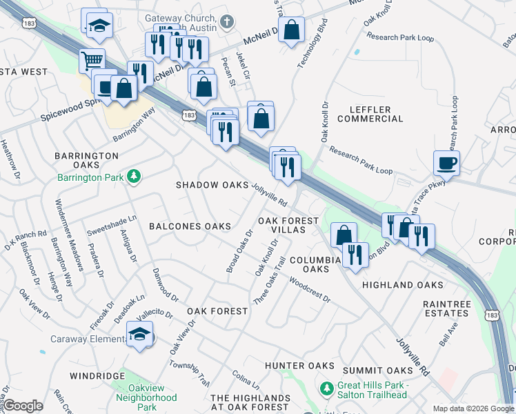 map of restaurants, bars, coffee shops, grocery stores, and more near 11902 Broad Oaks Drive in Austin