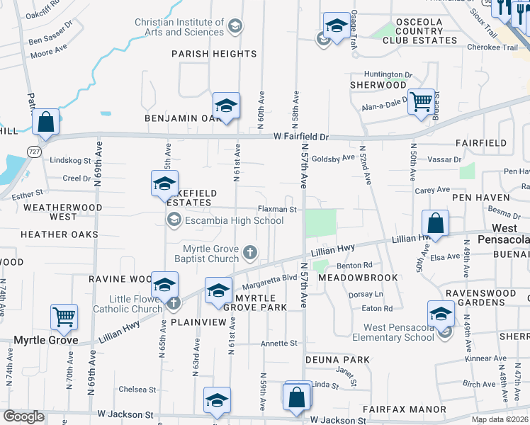 map of restaurants, bars, coffee shops, grocery stores, and more near 1331 North 59th Avenue in Pensacola