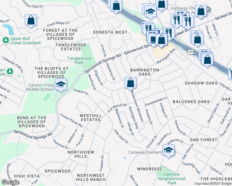 map of restaurants, bars, coffee shops, grocery stores, and more near 8100 Wexford Drive in Austin