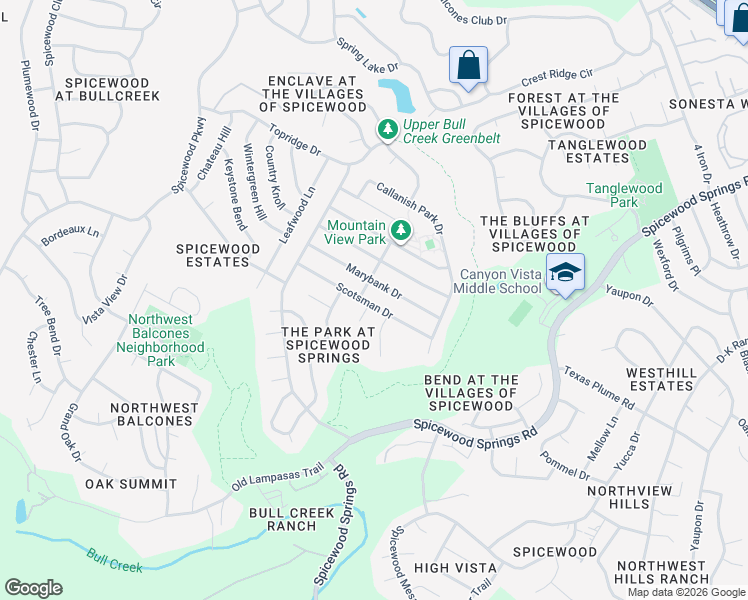 map of restaurants, bars, coffee shops, grocery stores, and more near 8904 Scotsman Drive in Austin