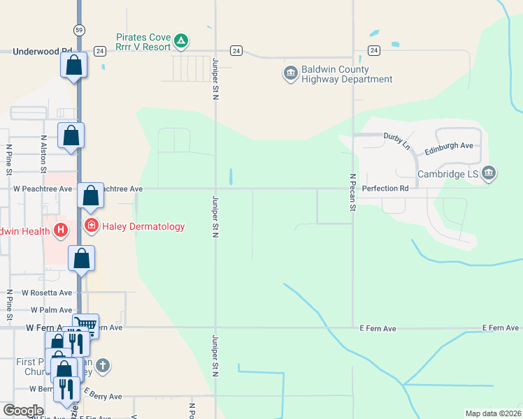 map of restaurants, bars, coffee shops, grocery stores, and more near 1712 Burton Wood Drive in Foley