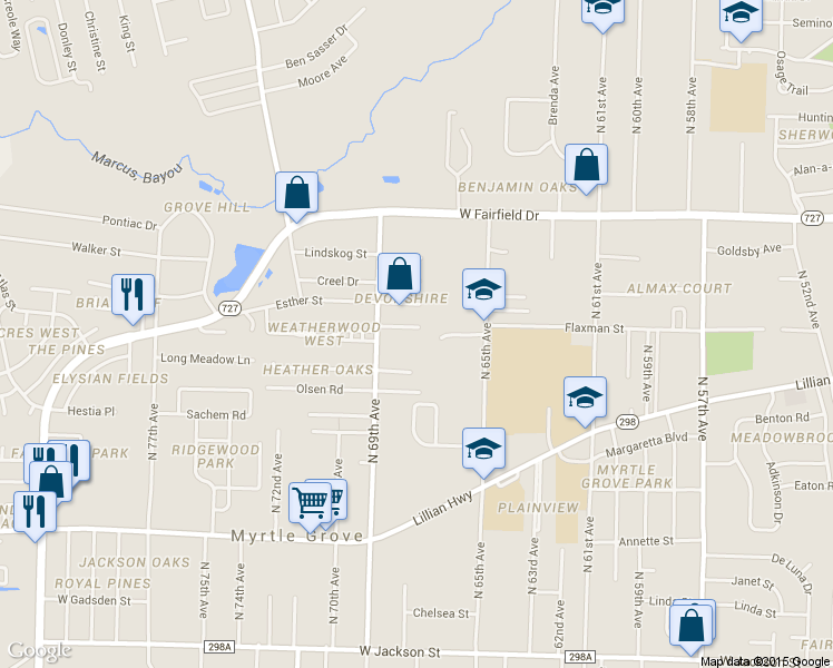 map of restaurants, bars, coffee shops, grocery stores, and more near 6825 Foxchase Circle in Pensacola