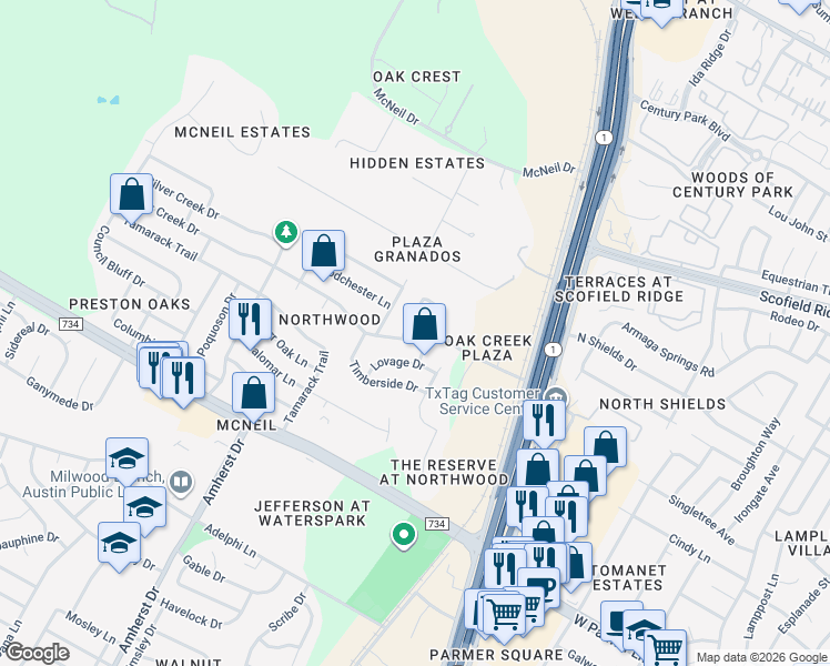 map of restaurants, bars, coffee shops, grocery stores, and more near 3600 Oak Creek Drive in Austin