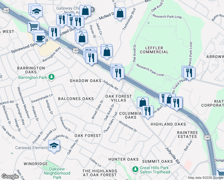 map of restaurants, bars, coffee shops, grocery stores, and more near 6604 Scrub Oak Lane in Austin