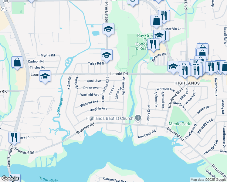 map of restaurants, bars, coffee shops, grocery stores, and more near 10577 Dove Lane in Jacksonville