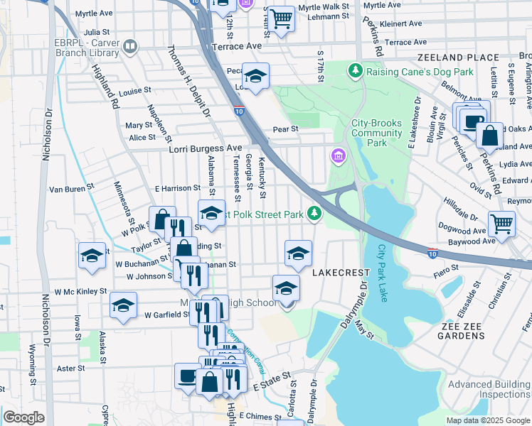 map of restaurants, bars, coffee shops, grocery stores, and more near 2161 Kentucky Street in Baton Rouge