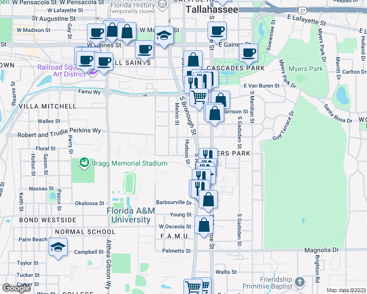 map of restaurants, bars, coffee shops, grocery stores, and more near 1524 Hudson Street in Tallahassee