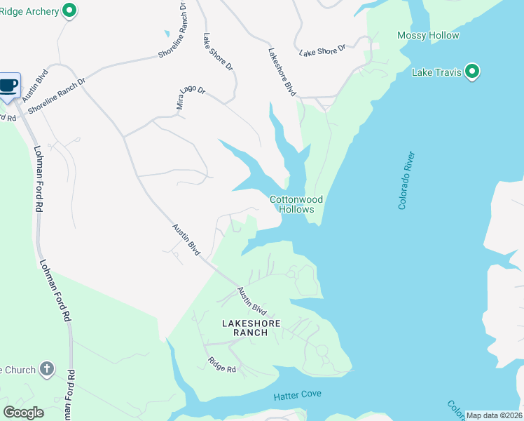 map of restaurants, bars, coffee shops, grocery stores, and more near 18306 Austin Boulevard in Lago Vista