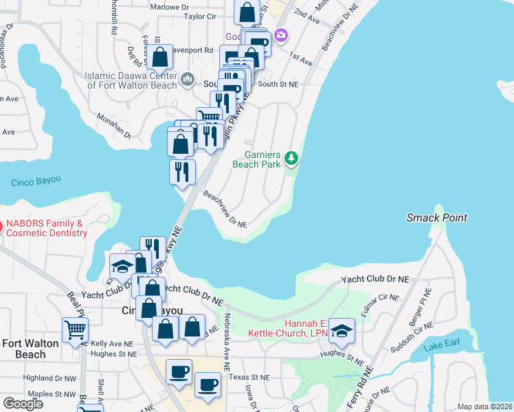 map of restaurants, bars, coffee shops, grocery stores, and more near 237 Beachview Drive Northeast in Fort Walton Beach