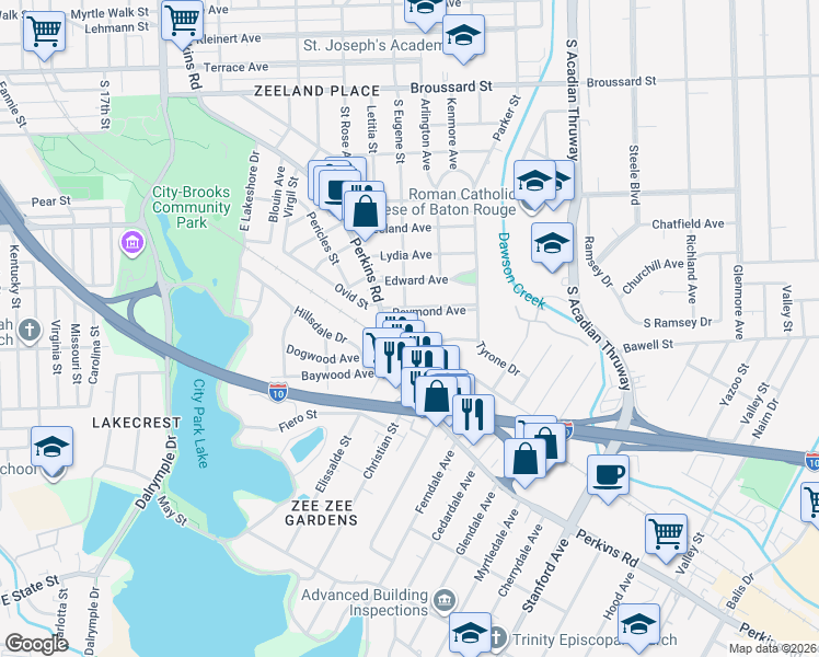 map of restaurants, bars, coffee shops, grocery stores, and more near 2820 South Eugene Street in Baton Rouge