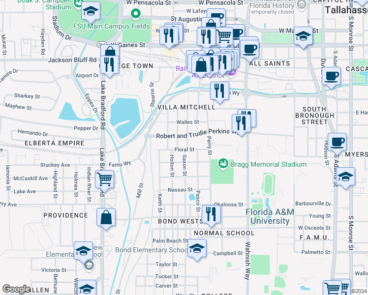 map of restaurants, bars, coffee shops, grocery stores, and more near 1522 Cleveland Street in Tallahassee