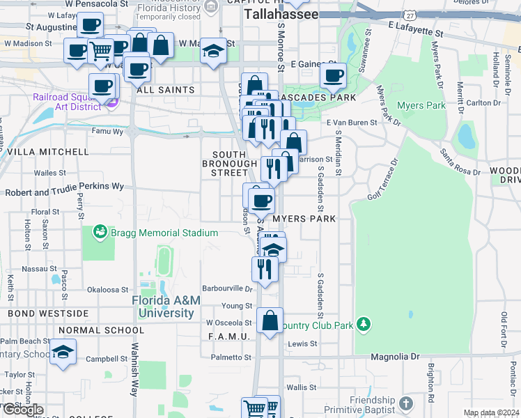 map of restaurants, bars, coffee shops, grocery stores, and more near 1534 South Adams Street in Tallahassee