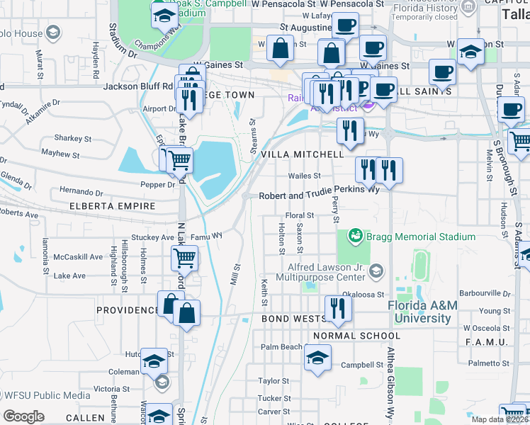 map of restaurants, bars, coffee shops, grocery stores, and more near 839 Floral Street in Tallahassee