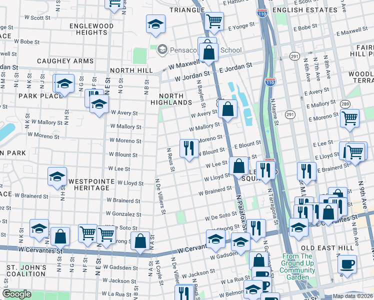 map of restaurants, bars, coffee shops, grocery stores, and more near 200 West Blount Street in Pensacola