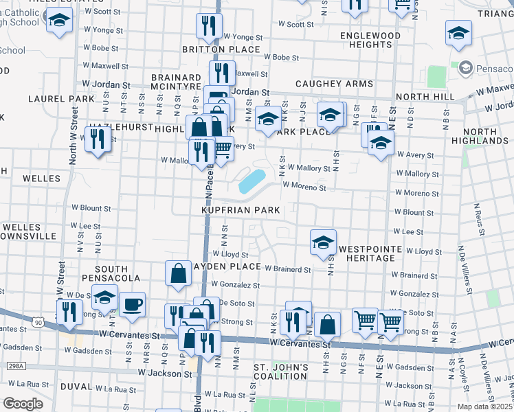 map of restaurants, bars, coffee shops, grocery stores, and more near 1880 West Godfrey Street in Pensacola