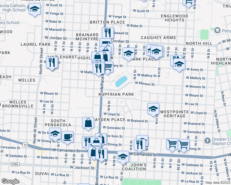 map of restaurants, bars, coffee shops, grocery stores, and more near 1880 West Godfrey Street in Pensacola