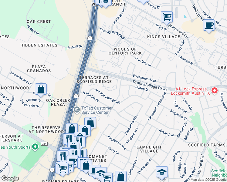 map of restaurants, bars, coffee shops, grocery stores, and more near 13012 Armaga Springs Road in Austin