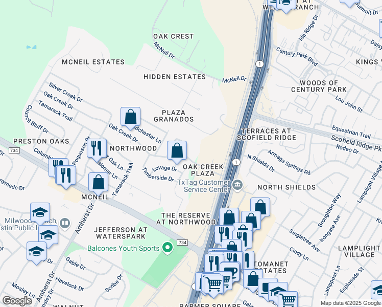 map of restaurants, bars, coffee shops, grocery stores, and more near 3300 Oak Creek Drive in Austin