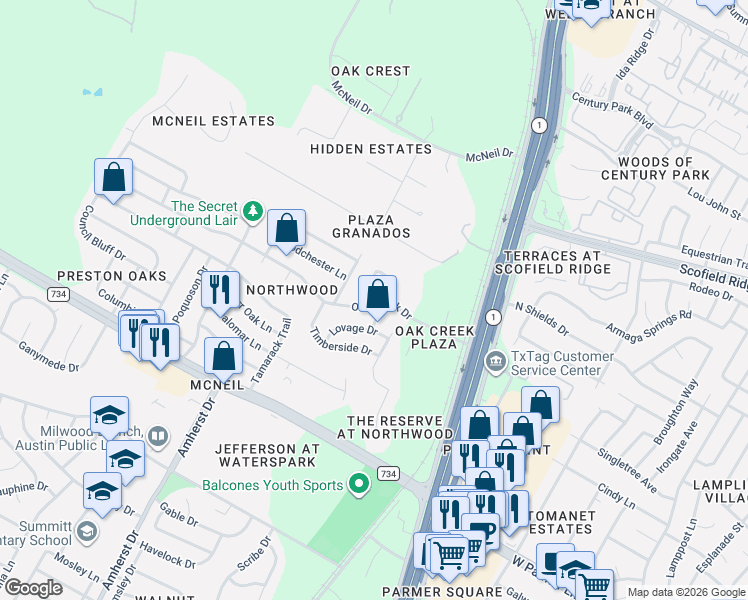 map of restaurants, bars, coffee shops, grocery stores, and more near 3600 Oak Creek Drive in Austin