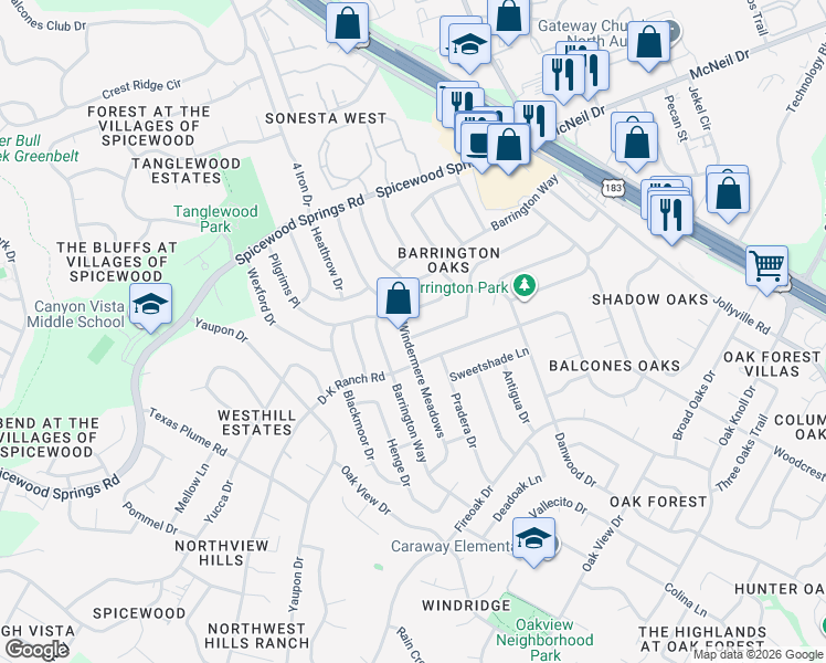 map of restaurants, bars, coffee shops, grocery stores, and more near 11501 Windermere Meadows in Austin